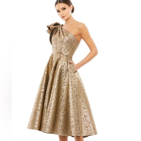 NEW without tags gold midi one shoulder MacDuggal dress with pockets size US 2 - Picture 1 of 8
